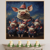 Patriotic Pig Family Dressed in American Flag Outfits with Hats and Bowties Celebrating Independence Day with Joy on Ready to Hang 1.5" Thick Canvas Wrap, Floating Framed Canvas, Flat Rolled Canvas